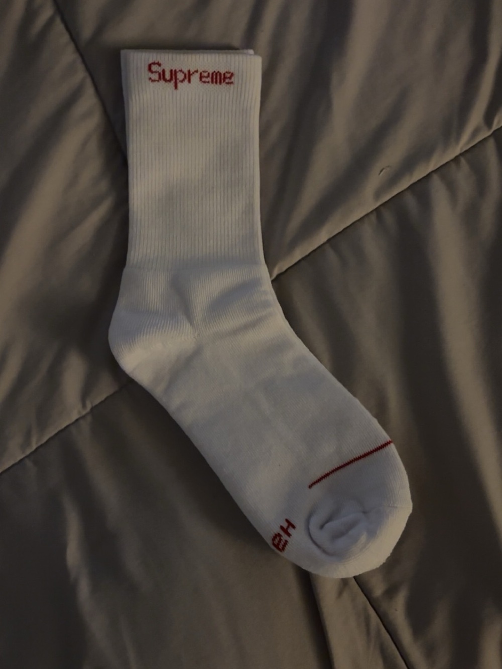 Supreme White Crew Sock with Red Logo Accent